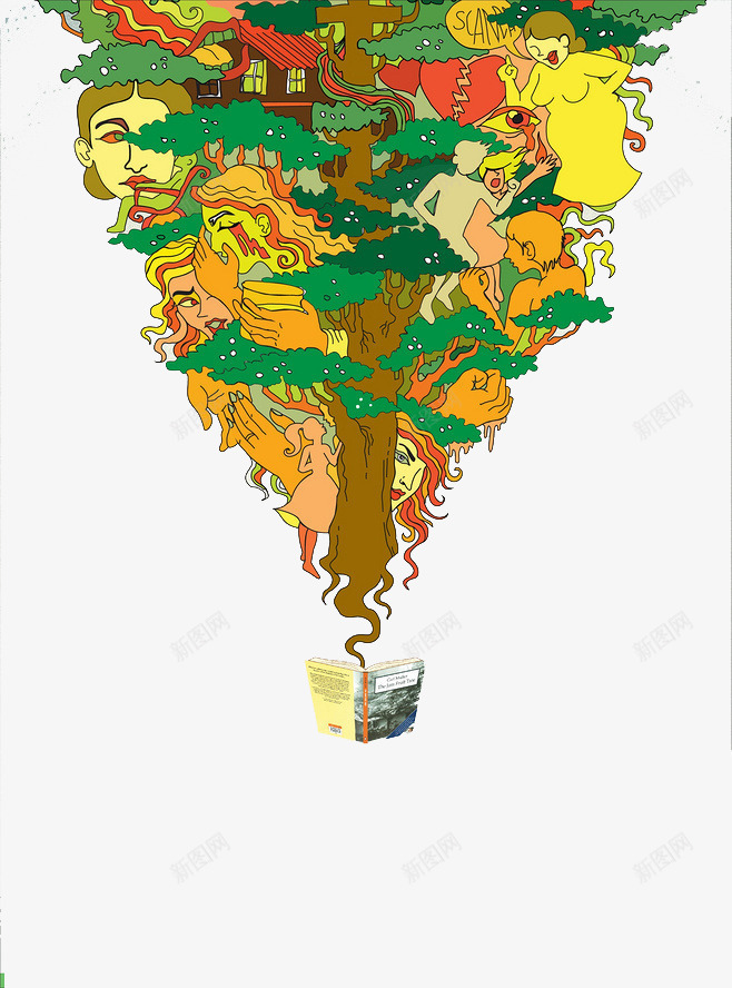 创意人头树png免抠素材_新图网 https://ixintu.com 彩色人头 手绘树干 方盒子
