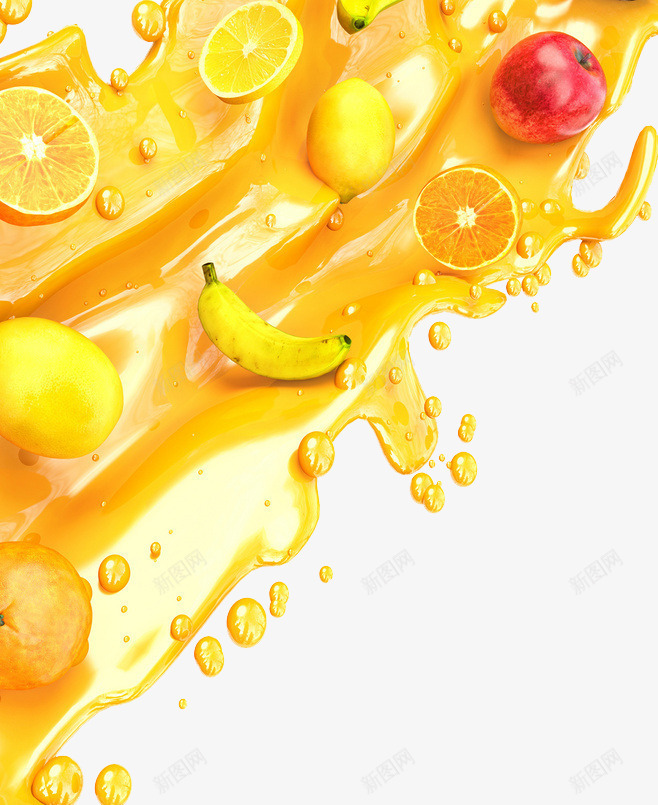 黄色橙子柠檬果汁香蕉苹果橘子png免抠素材_新图网 https://ixintu.com 健康果汁 创意水果 大香蕉大 新鲜水果 果汁 果汁滴水 果汁特效 柠檬 橙子 特效 香蕉 黄色