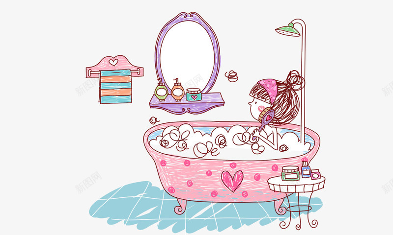 洗澡浴室手绘psd免抠素材_新图网 https://ixintu.com 手绘 沐浴的女孩 洗澡 浴室 浴缸 镜子