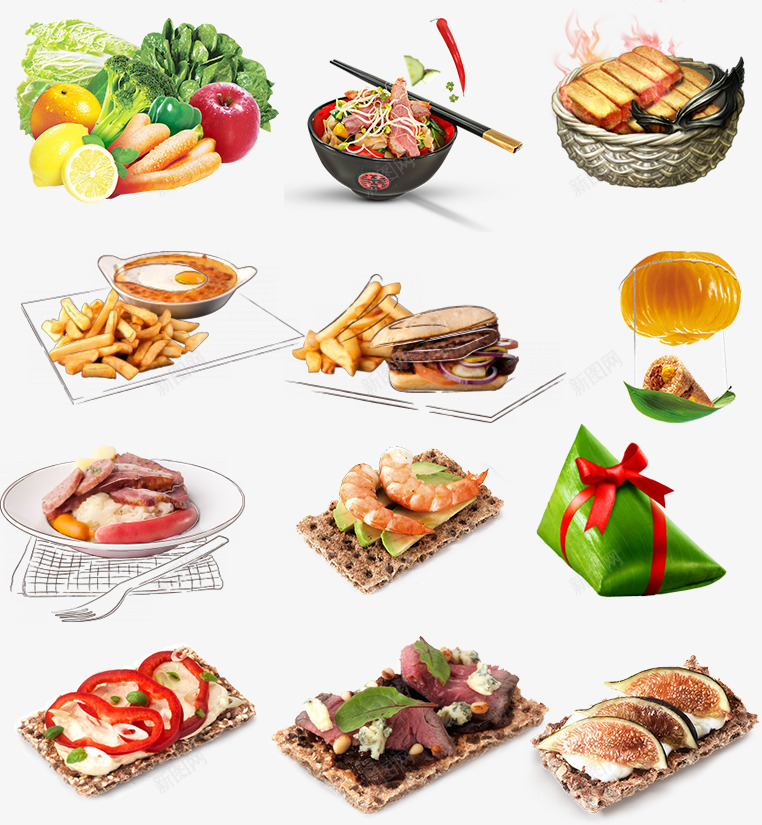 丰富的主食psd免抠素材_新图网 https://ixintu.com 手绘的食物 粽子 蔬菜 面条 餐点