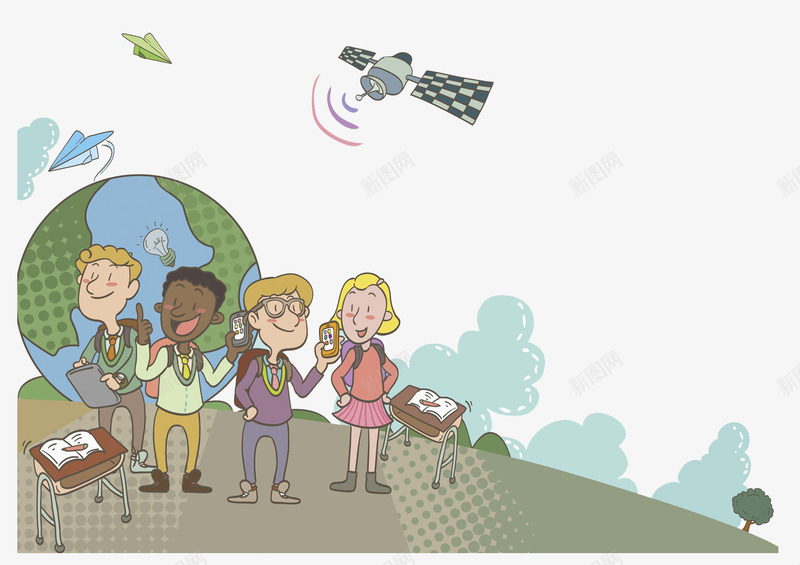 外出的孩子png免抠素材_新图网 https://ixintu.com 卡通 地球 外出 孩子 手绘 水彩 绿色 郊游 飞船
