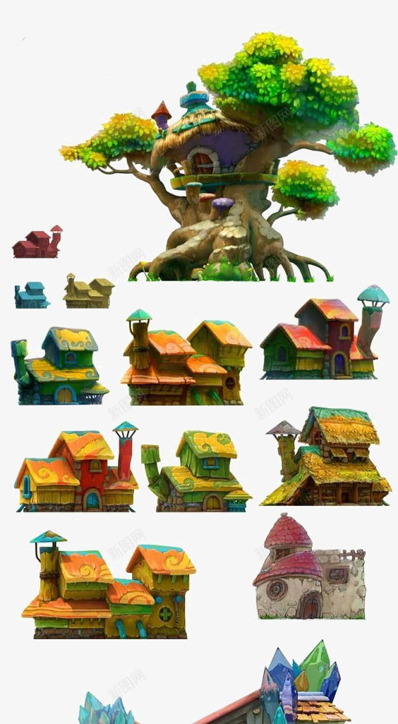 木屋png免抠素材_新图网 https://ixintu.com 3D房子 创意木屋 古树 大树 手绘木屋