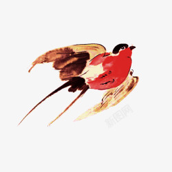 水墨绘画红色飞鸟素材