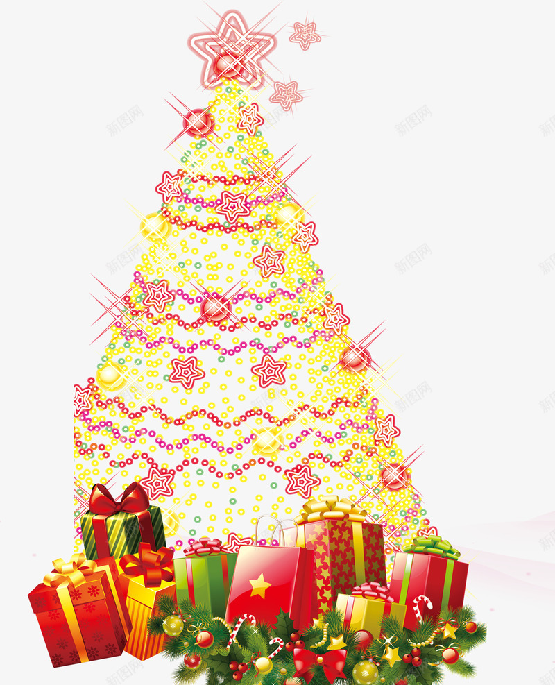 金色圣诞树png免抠素材_新图网 https://ixintu.com 发光圣诞树 圣诞节 圣诞节海报装饰素材 彩色盒子 星星 礼物堆 礼物盒 金色