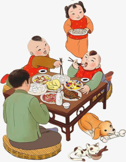 小朋友一起吃饭手绘卡通一家人高清图片