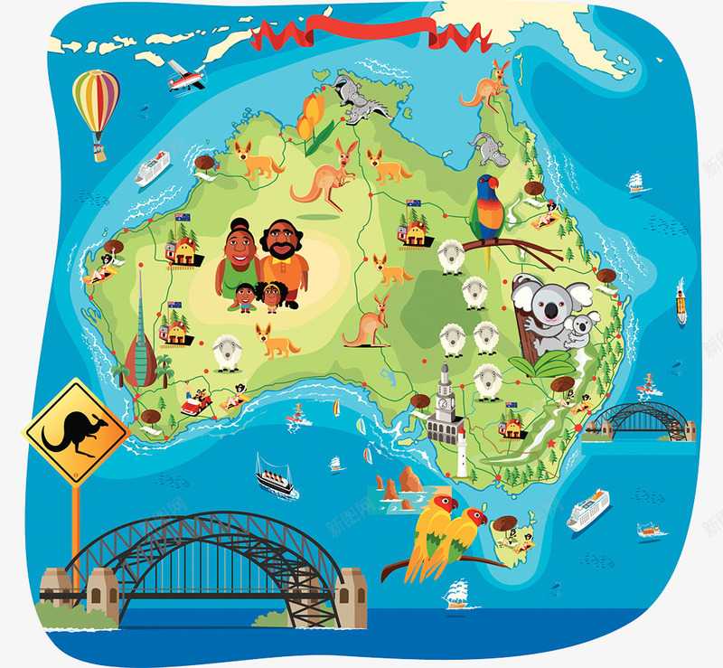 澳大利亚旅游卡通手绘地图png免抠素材_新图网 https://ixintu.com 大桥 旅游胜地 澳大利亚地图 考拉 袋鼠
