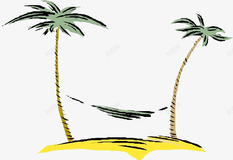 手绘椰树吊床png免抠素材_新图网 https://ixintu.com 吊床 度假 手绘 椰树 沙滩 热带风情