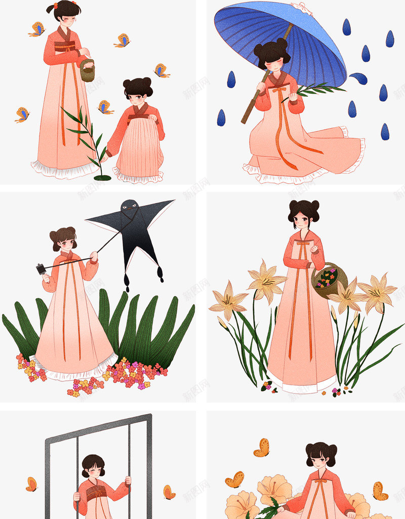 古典女孩手绘插画png免抠素材_新图网 https://ixintu.com 传统节日 免抠下载 清明节 祭拜 艺术字 诗词