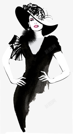 黑色雨伞插画手绘时尚女人高清图片