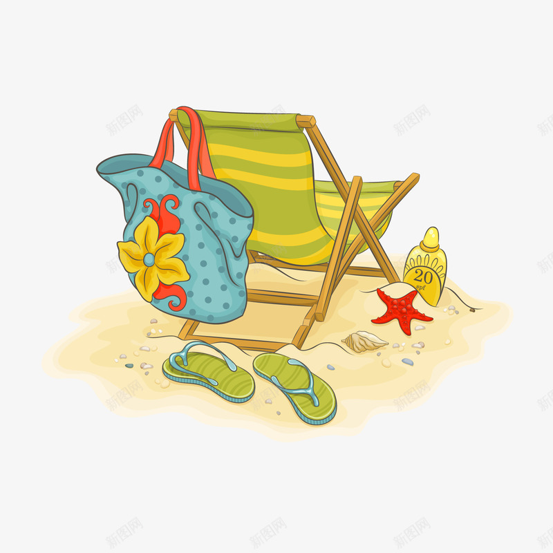 沙滩风情png免抠素材_新图网 https://ixintu.com 包 座椅 拖鞋 沙子 沙滩 海星 风情