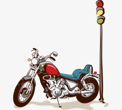 卡通手绘摩托车旁红绿灯素材