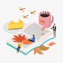秋季场景秋季书本落叶休闲咖啡创意扁平场矢量图高清图片