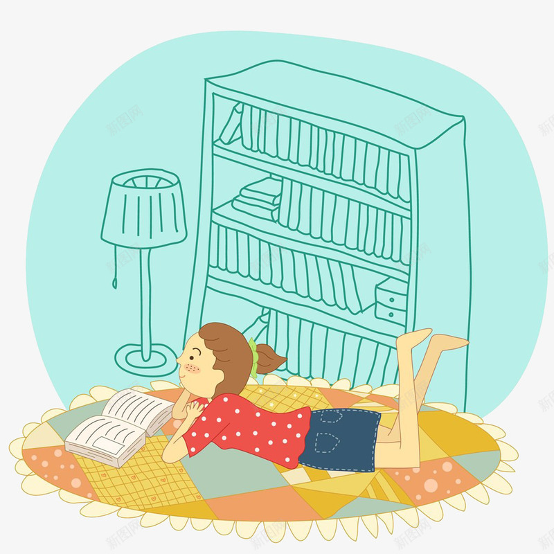 躺着看书的小女孩png免抠素材_新图网 https://ixintu.com 卡通书柜 卡通女孩 打开的书本 看书的女孩 读书的人