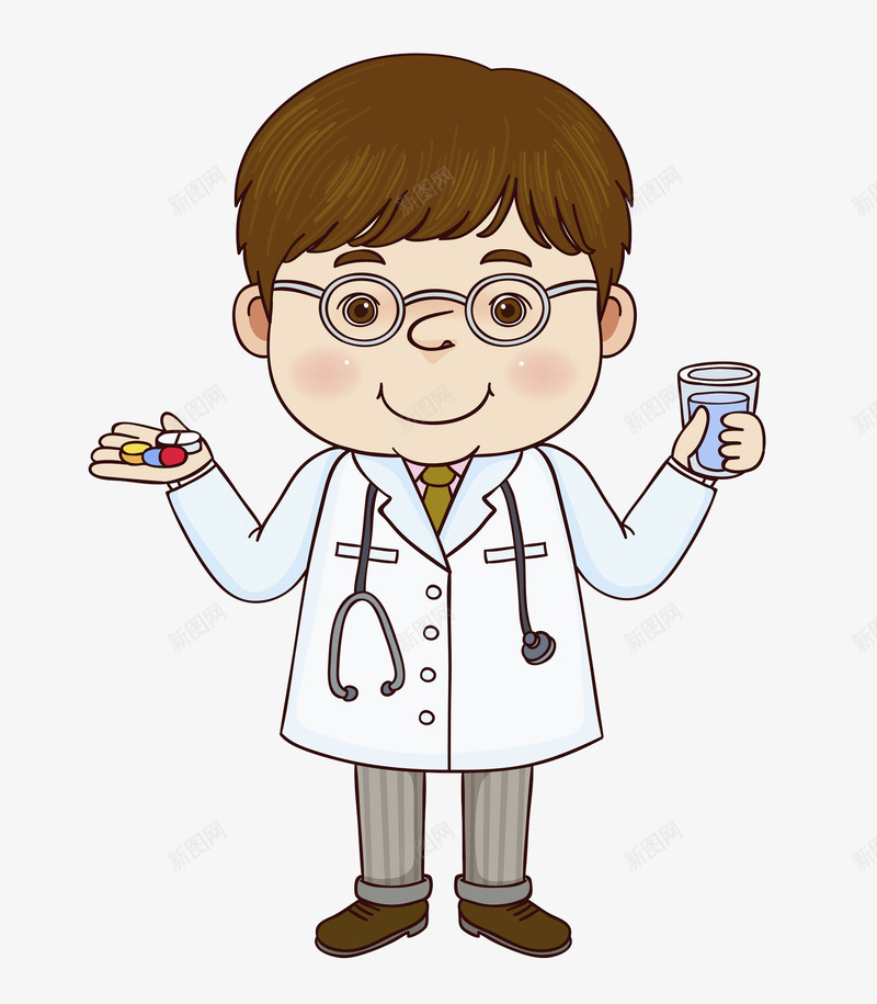 吃药的医生png免抠素材_新图网 https://ixintu.com 医生 卡通 吃药卡通图 帅气的 微笑的 手拿水杯 水杯 生病的 药片