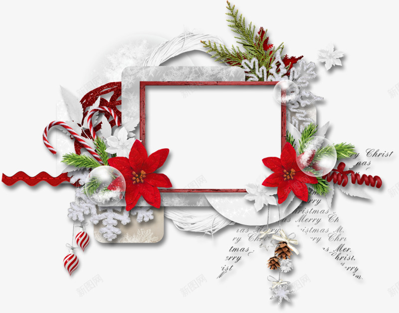 圣诞装饰相框png免抠素材_新图网 https://ixintu.com 手柄 红花 装饰 边框 雪花