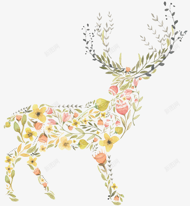 花和树枝拼成的黄色小鹿png免抠素材_新图网 https://ixintu.com 手绘 植物 美丽 花
