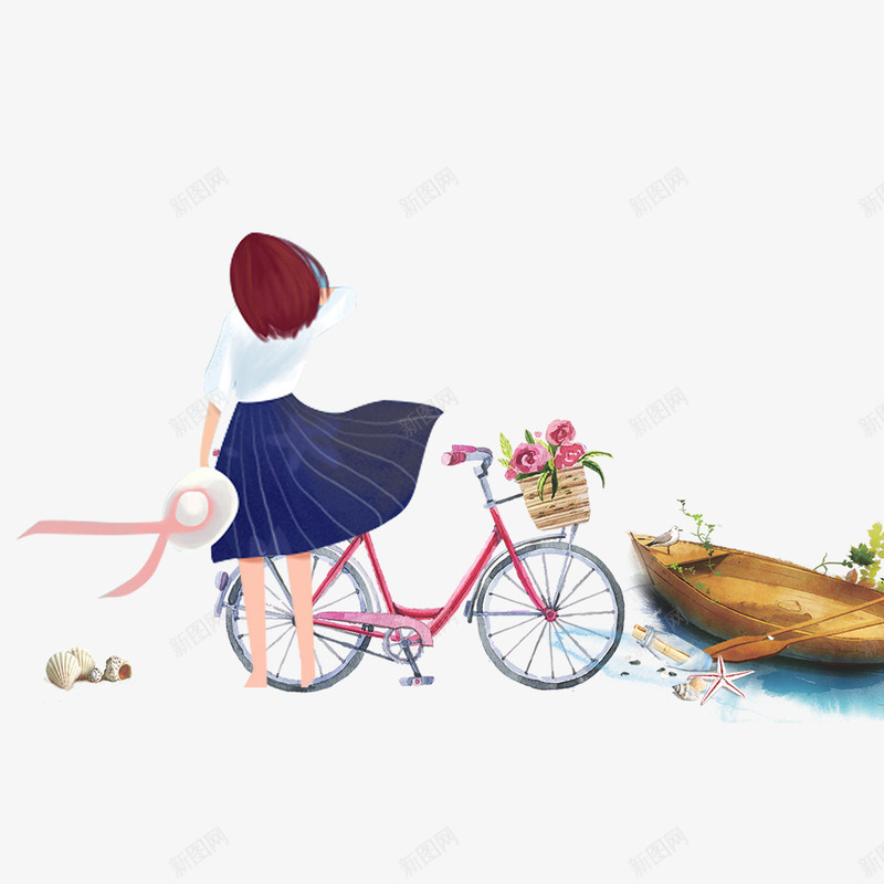 出游海报人物psd免抠素材_新图网 https://ixintu.com 出游季 女孩 小船 手绘 旅行季 海边 自行车