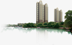 房地产宣传背景湖边海景高楼生态小区高清图片