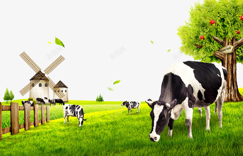 牧场png免抠素材_新图网 https://ixintu.com 吃草的奶牛 奶牛 牧场 草地 萌宠牧场 风车