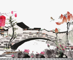 小桥流水彩色水墨江南小镇封面装饰高清图片