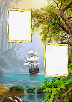金色帆船素材树林背景金色边框高清图片
