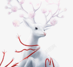 梦幻红色花朵背景图片卡通手绘梦幻白色麋鹿高清图片