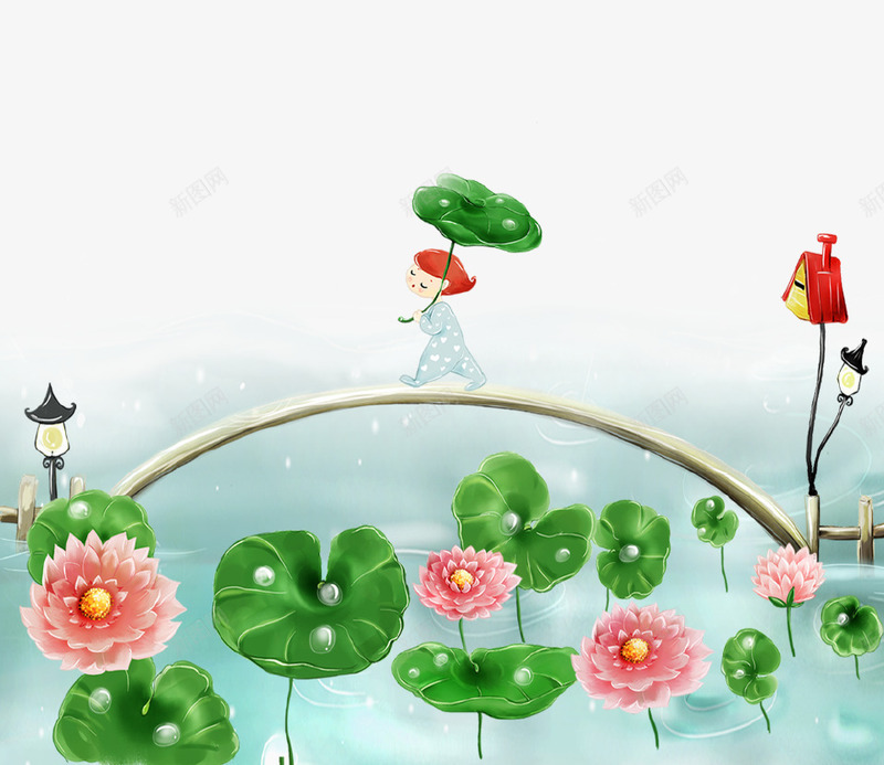 创意手绘荷花女孩png免抠素材_新图网 https://ixintu.com 创意设计 四月 女孩 手绘 春季 池水 绿叶 花朵 荷花