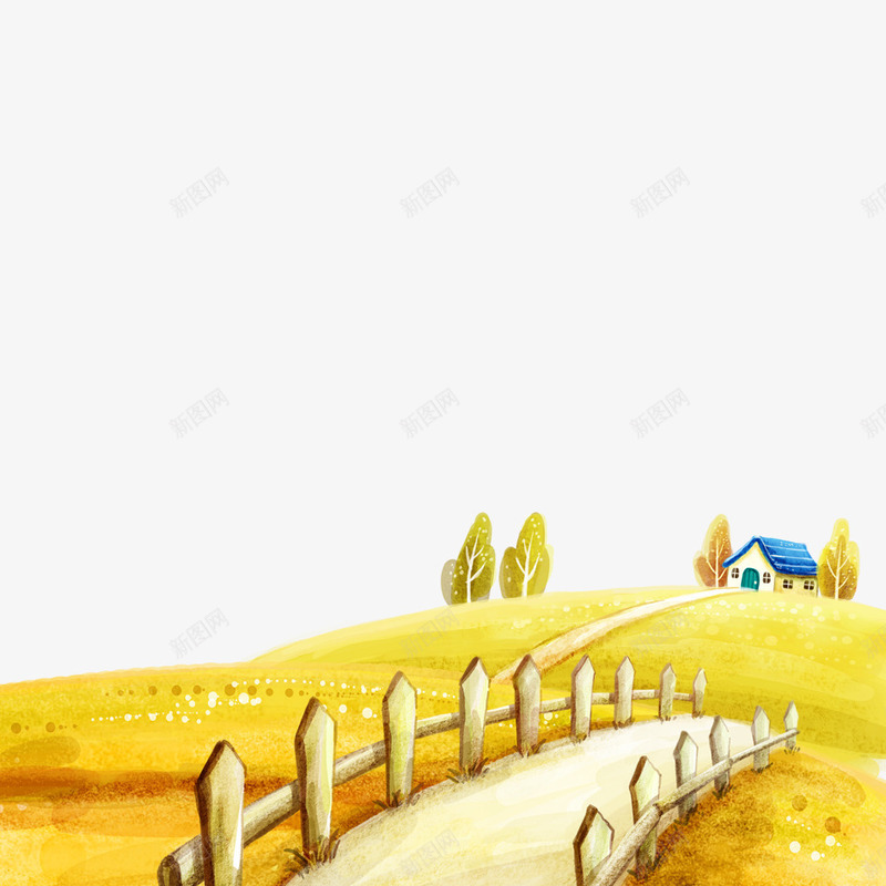 卡通风景png免抠素材_新图网 https://ixintu.com 卡通的风景 小路 平面风景 手绘的高山 黄色的草地