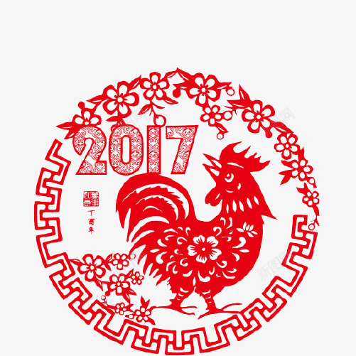 2017鸡年贴画片png免抠素材_新图网 https://ixintu.com 红色 装饰素材 贴画 镂空 鸡年