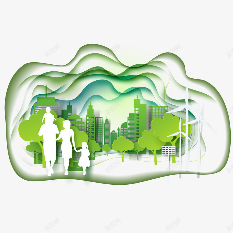 绿色生态城市和家庭剪影png免抠素材_新图网 https://ixintu.com 环保素材 生态城市 绿色