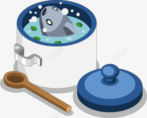 蓝色电饭锅中国传统煲汤美食矢量图图标图标