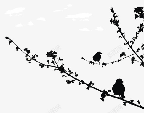 树枝枝芽与小鸟剪影图标图标