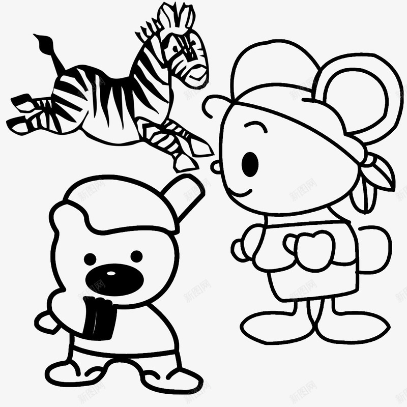 简笔斑马和小熊png免抠素材_新图网 https://ixintu.com 卡通 奔跑 小熊 手绘 斑马 白色的 线条 黑色的