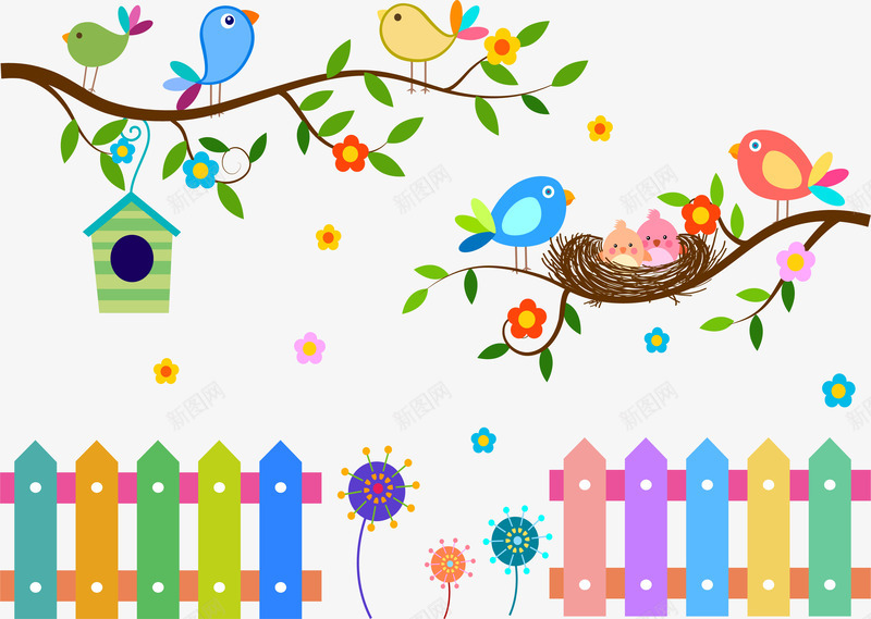 树枝上唱歌的鸟儿png免抠素材_新图网 https://ixintu.com 唱歌的鸟儿 彩色的栅栏 树上的鸟儿 欢快的鸟儿 矢量png 鸟语花香