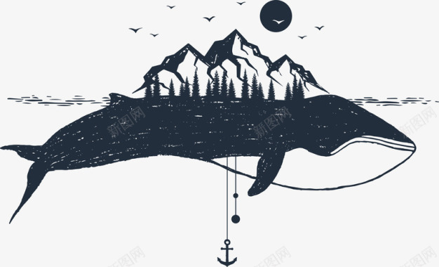 唯美景色鲸鱼黑白花臂图案矢量图图标图标