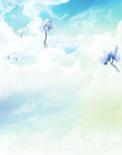 云朵铅笔树蓝色梦幻背景高清图片