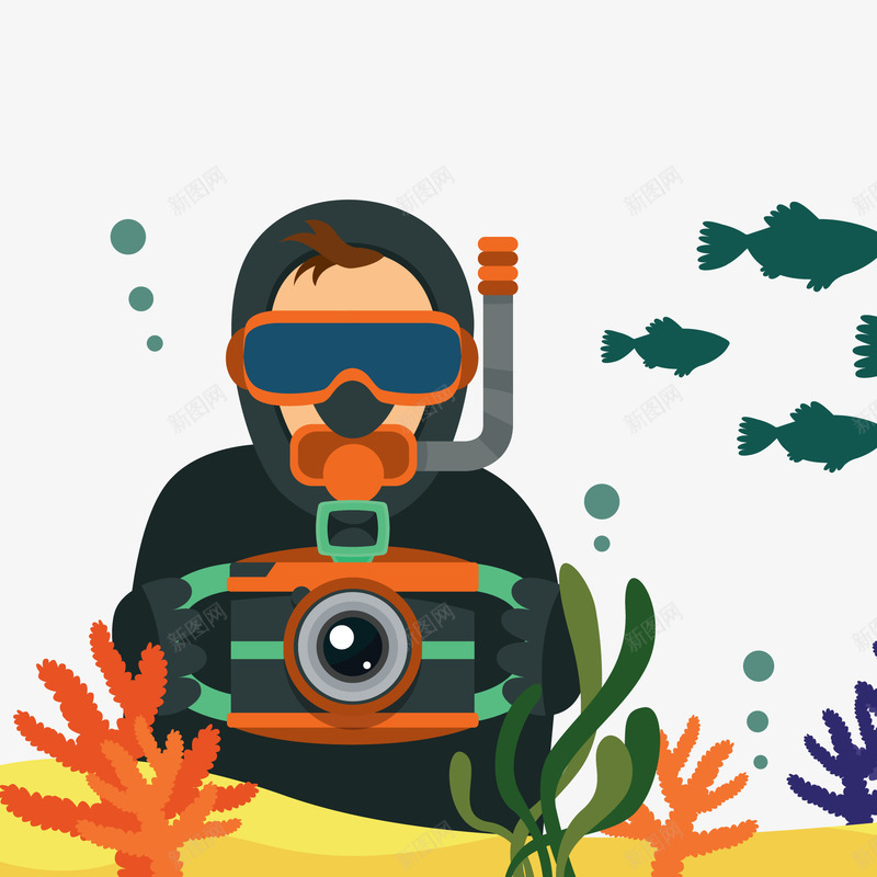 卡通手绘海底的潜水人员png免抠素材_新图网 https://ixintu.com 人物 拍摄 海底 潜水员 照相机 风景