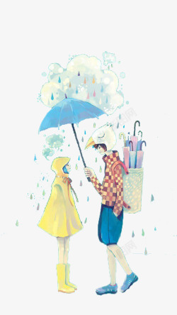 卡通手绘男孩女孩爱情雨伞下雨素材