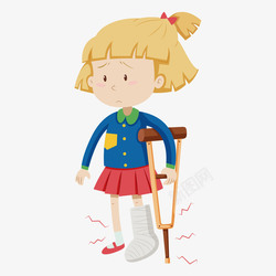 助残受伤拄着拐杖帮着石膏的小女孩矢量图高清图片