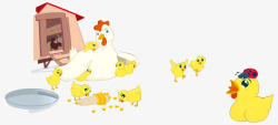 一群小鸡手绘鸡窝一群小鸡和母鸡觅食高清图片