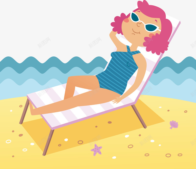 躺在椅子上的女性png免抠素材_新图网 https://ixintu.com 卡通人物 沙滩 沙滩椅 海浪