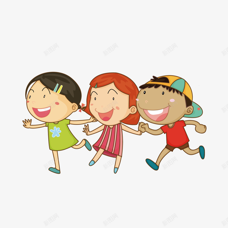 手绘卡通人物png免抠素材_新图网 https://ixintu.com 三个小孩 大笑 奔跑的男孩 开心 手拉手