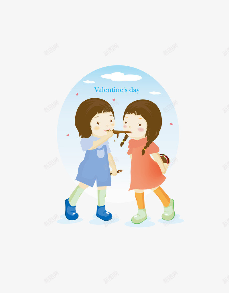 两个相互喂甜品的女孩png免抠素材_新图网 https://ixintu.com 卡通手绘 白云 蓝天 蛋糕 韩风手绘