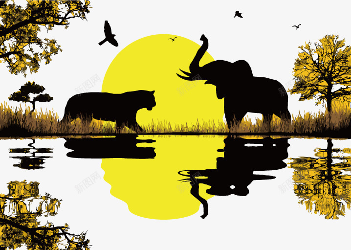 和谐的动物世界png免抠素材_新图网 https://ixintu.com 人与自然 动物世界 夕阳 大象 老虎 自然的美好