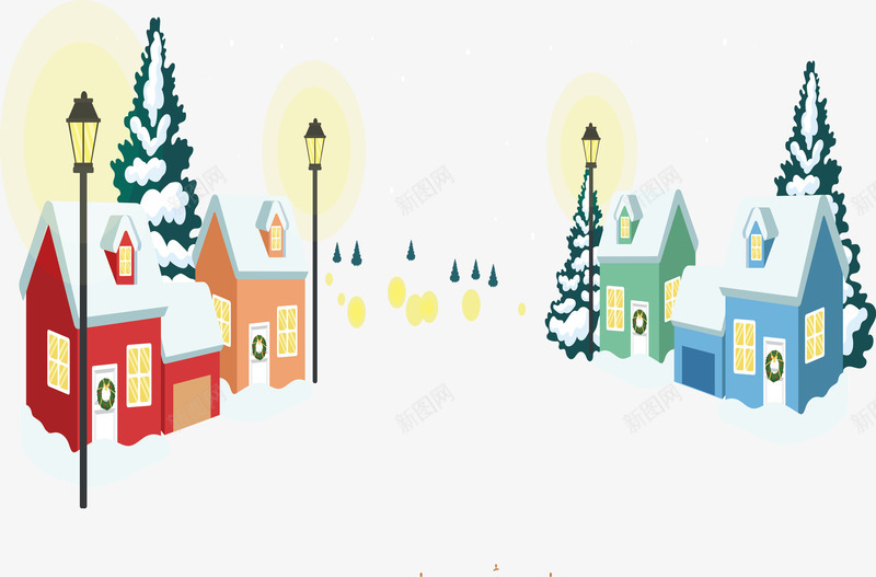冬季矢量图ai免抠素材_新图网 https://ixintu.com 屋顶的雪 暖冬 路灯 过年了 雪覆盖房顶 矢量图
