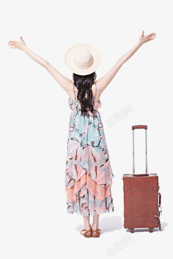 拖着旅行箱的人度假的少女高清图片