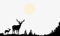 白鹿手绘黑白鹿山顶树林月亮剪影高清图片