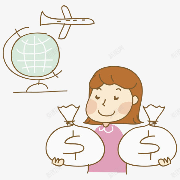 拿着钱袋的女人png免抠素材_新图网 https://ixintu.com 卡通 地球仪 女人 旅游 钱袋子 飞机 高兴的
