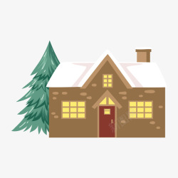 黄色雪中房屋和松树矢量图素材