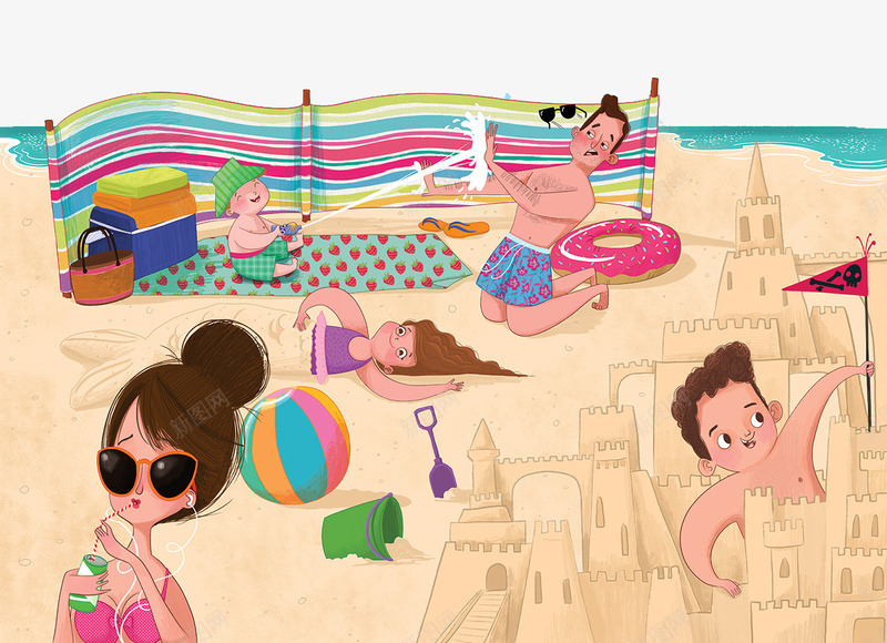 全家人在沙滩玩耍png免抠素材_新图网 https://ixintu.com 创意设计 卡通人物动物 手绘插画